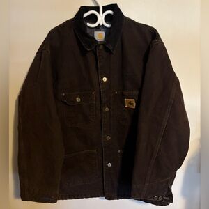 Vintage Carhartt Dark Brown Blanket-Lined Chore Jacket with Corduroy Collar
